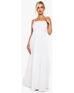 Boohoo Tiered Linen Strappy Maxi Dress - White