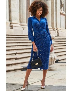 Sosandar Sapphire Velvet Paisley Devoré Shirt Dress - Blue