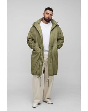 BoohooMAN Plus Regular Fit Peached Nylon Funnel Neck Mid Length Parka Jacket - Green