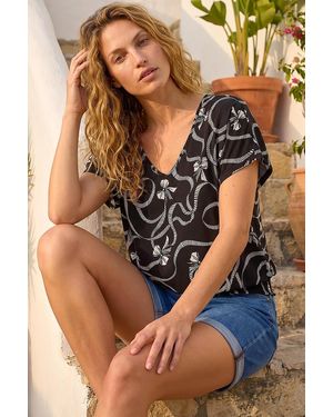Roman Bow Print V-Neck Stretch Top - Black