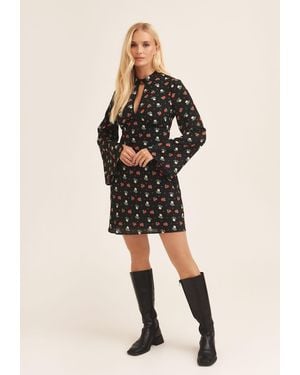 Gini London Rose Print Flared Sleeve Mini Dress With Cut Out - Black
