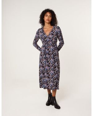 Blue Vanilla Floral V Neck Wrap Long Sleeve Midi Dress - Blue