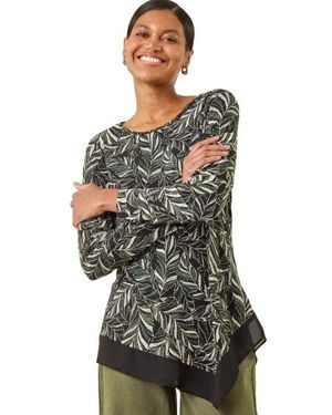Roman Leaf Puff Print Stretch Top - Green