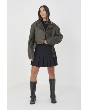 Brave Soul 'Vic' Faux Leather Cropped Biker Jacket - Green