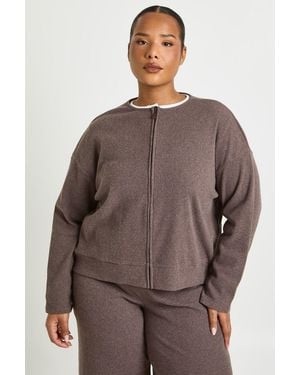 Boohoo Plus Knitted Rib Zip Through Sweat - Brown