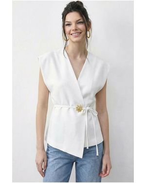 Bianco Lucci Belted V-Neck Crepe Waistcoat - White