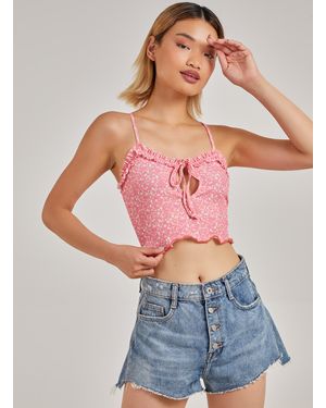 Pink Vanilla Frill Detail Ribbed Floral Crop Top - Grey
