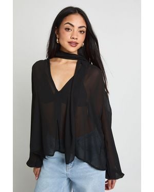 Boohoo Chiffon Scarf Volume Sleeve Blouse - Black
