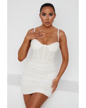 Femme Luxe Mesh Ruched Corset Strappy Bodycon Mini Dress - White