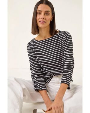 Roman Stripe Print Boat Neck Top - Grey
