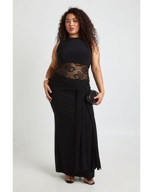 Boohoo Plus Racer Neck Lace Panel Tie Drape Maxi Dress - Black