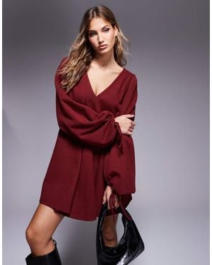 ASOS Supersoft V-Neck Flare Hem Skirt Mini Dress With Tie Sleeve - Red