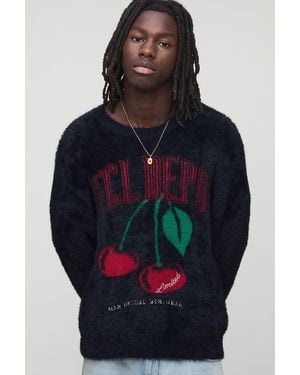 BoohooMAN Regular Extreme Fluffy Cherry Graphic Knitted Jumper - Blue