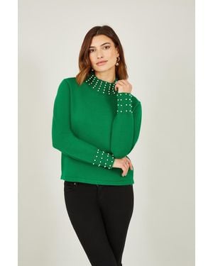 Mela London Pearl Detail High Neck Jumper Viscose - Green