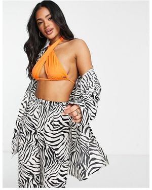 Public Desire Zebra Chiffon Beach Shirt Co-Ord - White