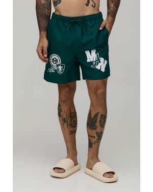 BoohooMAN Varsity Badge Mid Length Swim Short - Green