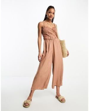 ASOS Linen Shirred Bodice Belt Jumpsuit - White