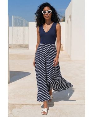 Roman Chevron Print Ribbed Midi Dress - Blue