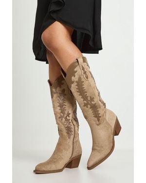 Boohoo Faux Suede Contrast Detail Knee High Western Boots - Black