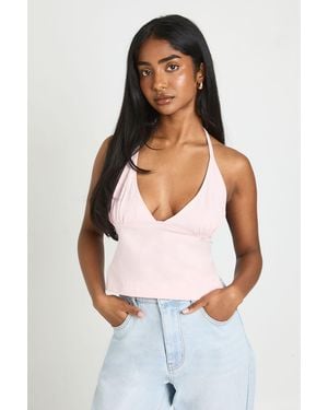 Boohoo Soft Cotton Hook And Eye Backless Halterneck Top - White