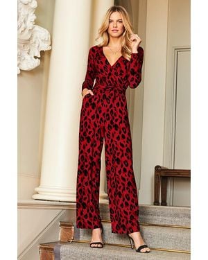 Sosandar Animal Print Wrap Front Wide Leg Jumpsuit With Pockets - Red