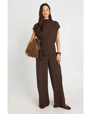 Boohoo Tall Woven Drape Blouse & Trouser Co-Ord - Brown