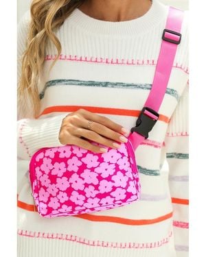 Azura Exchange Flower Print Wide Belt Buckle Zipper Crossbody Bag Nylon - Pink