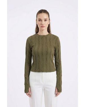 Bigdart Ribbed Crew Neck Long Sleeve Blouse - Green