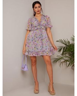 Chi Chi London Short Sleeve Ruffle Mini Dress - Grey