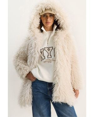 Bianco Lucci Oversize Hooded Faux Fur Jacket - Natural