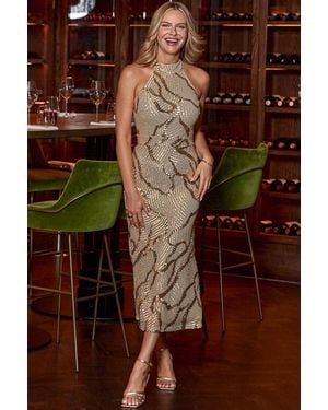 Sosandar Sequin Halter Neck Maxi Dress - Brown