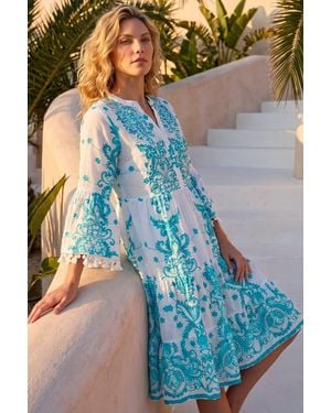 Roman Embroidery Bead Detail Smock Dress - Blue