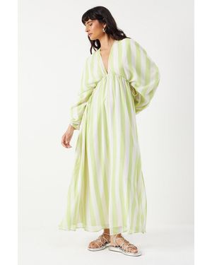 Warehouse Stripe Chiffon Pleat Plunge Neck Batwing Midaxi Dress - White