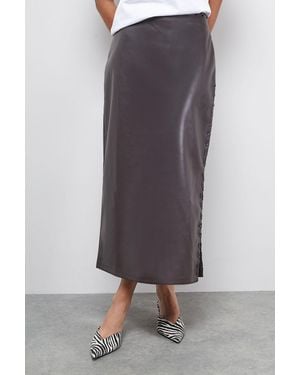 Warehouse Faux Leather Whipstitch Detail Midi Skirt - Grey