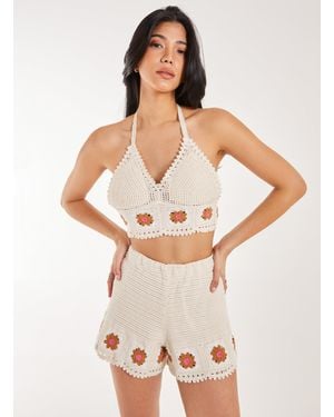 Pink Vanilla Tie Flower Detail Crochet Bralette - White