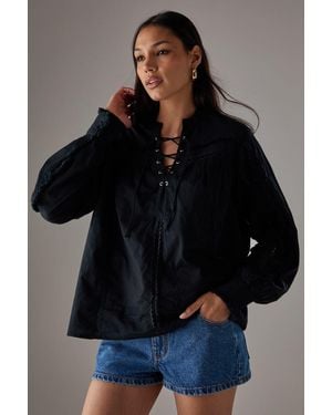 Warehouse Hcd Cotton Lace Trim Insert Boho Blouse - Black