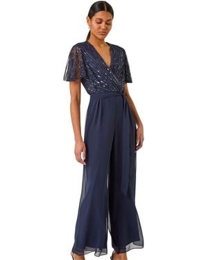 Roman Embellished Beaded V-Neck Jumpsuit - Blue