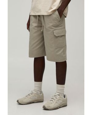 BoohooMAN Baggy Fit Elasticated Twill Cargo Shorts - Natural