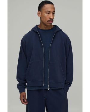 BoohooMAN Oversized Boxy Premium 480Gsm Washed Zip Through Hoodie - Blue