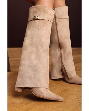 Where's That From Wheres 'Nova' Fold Over Shark Block Heel Point Toe Boots Suede - Natural