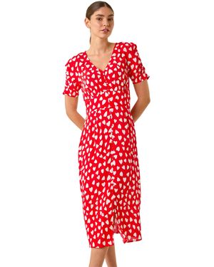 Roman Heart Print Ruched Midi Dress - Red