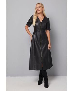 Wallis Petite Faux Leather Zip Midi Dress - Black