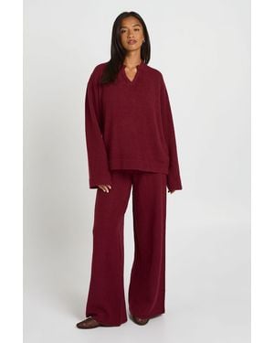 Boohoo Petite V Neck Detail Jumper And Wide Leg Trouser Co-Ord - Red
