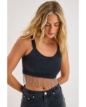 Nasty Gal Denim Diamonte Tassel Crop Top - Blue