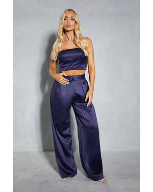 MissPap Satin Buckle Pleated Wide Leg Trousers - Blue