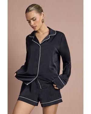 Boohoo Satin Piping Detail Long Sleeve Shirt & Shorts Pyjama Set - Blue