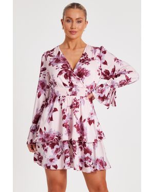 Quiz Satin Floral Skater Dress - Pink