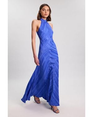 Karen Millen Petite Stripe Fabric Detail Fluid Halter Maxi Dress - Blue