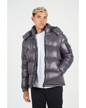 Brave Soul Hooded Padded Puffer Jacket With Detachable Hood - Grey