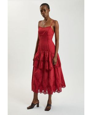 Karen Millen Petite Cotton Cutwork Strappy Woven Midi Dress - Red